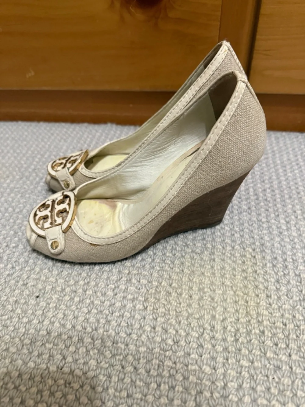 Tory Burch Beige Canvas Peep Toe Wedge Heels Size 8